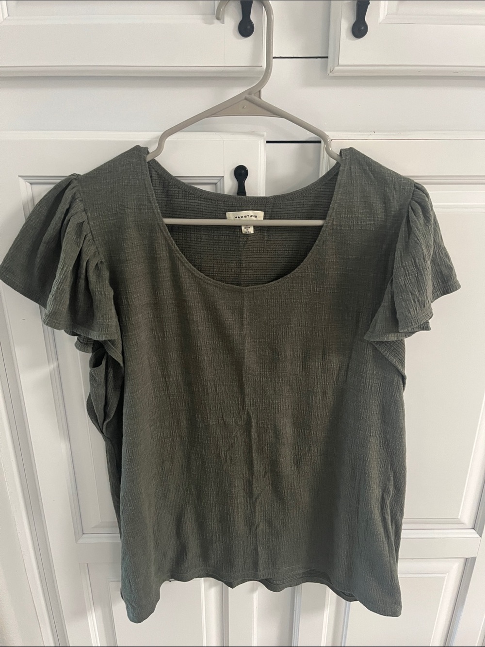 Max Studio Olive Ruffle Sleeve Scoop Neck Top